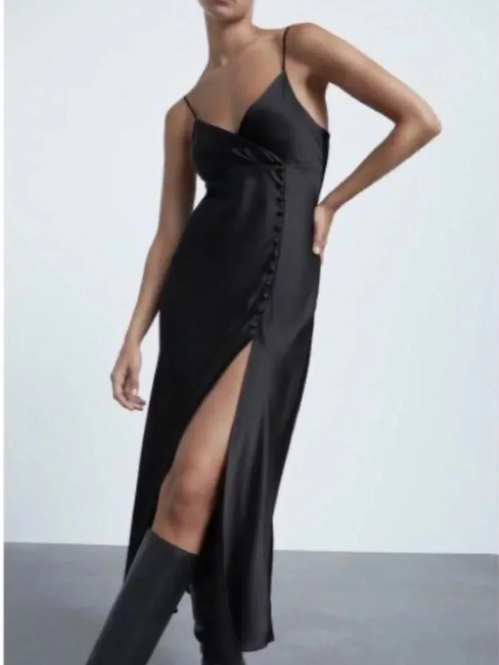 Zara Black Satin Button Slip Dress — Size Medium, NWT
